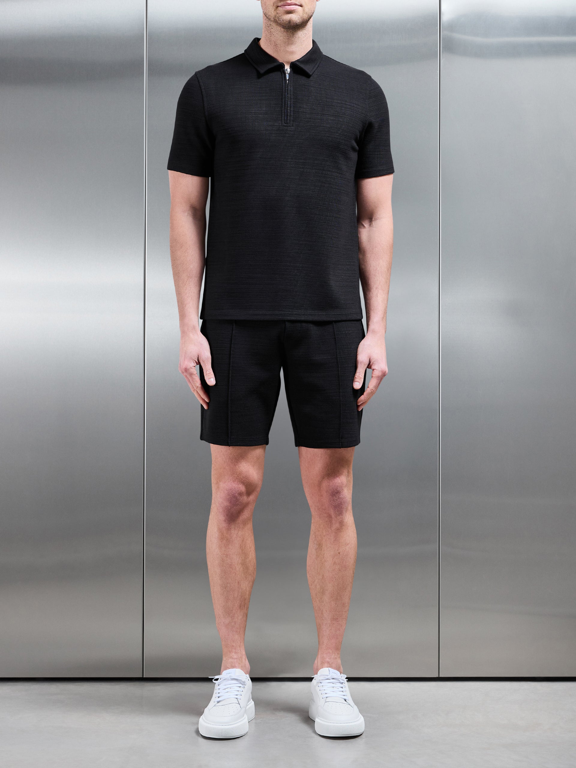 Cavour Textured Zip Polo Shirt in Black