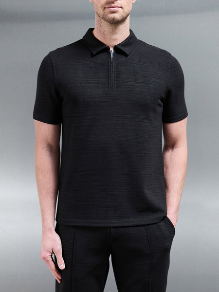 Cavour Textured Zip Polo Shirt in Black