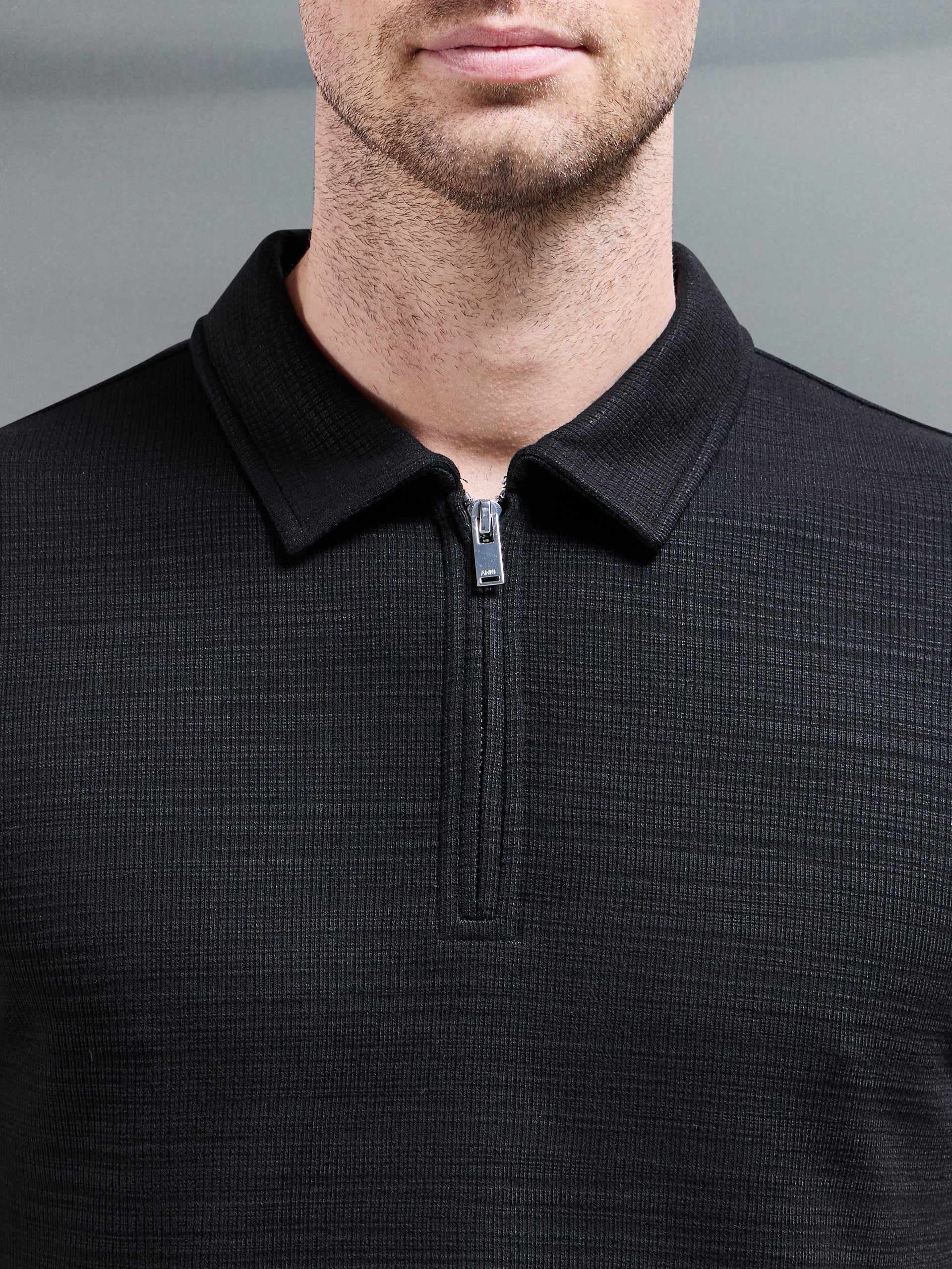 Cavour Textured Zip Polo Shirt in Black