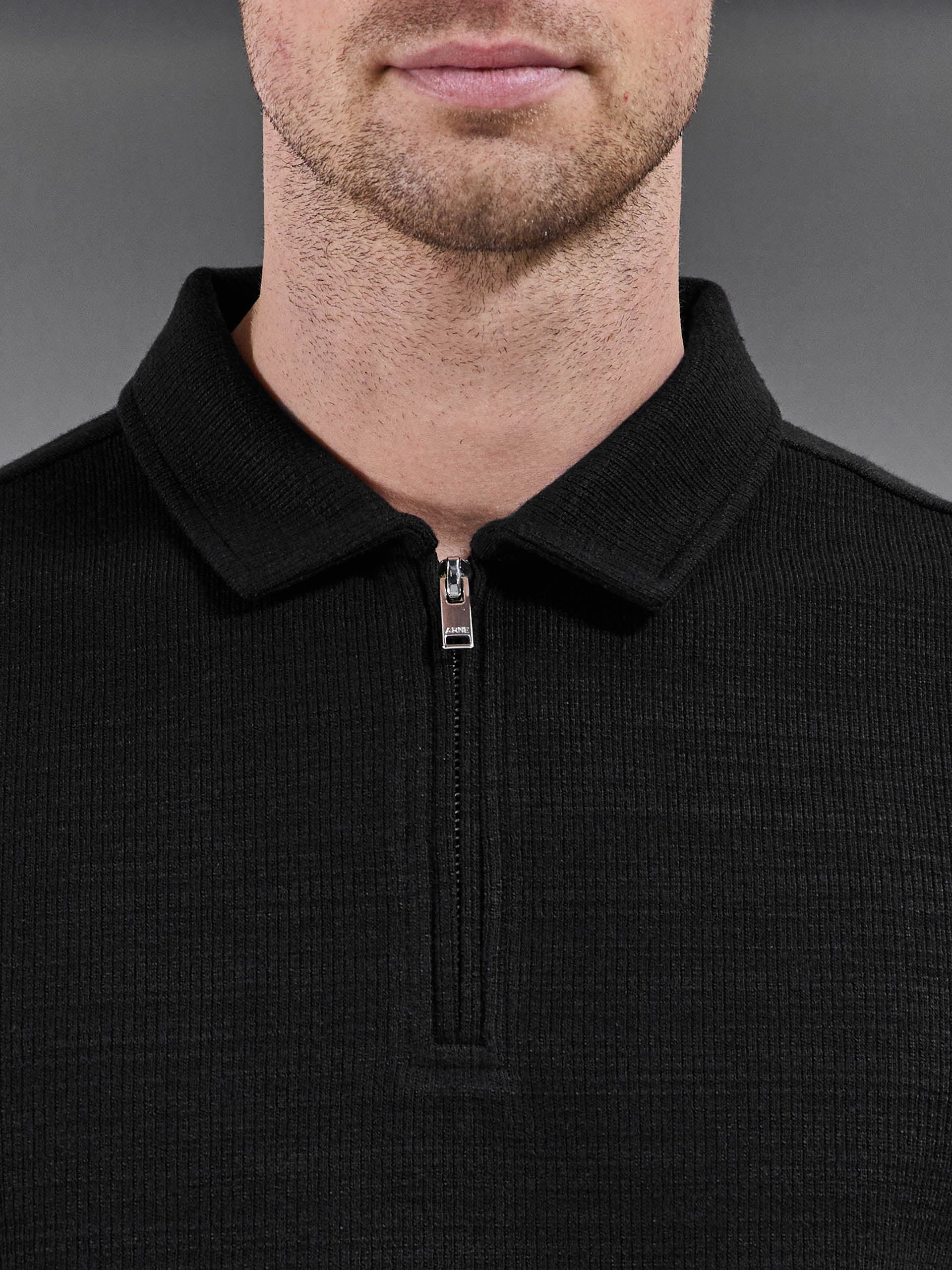 Cavour Textured Zip Polo Shirt in Black