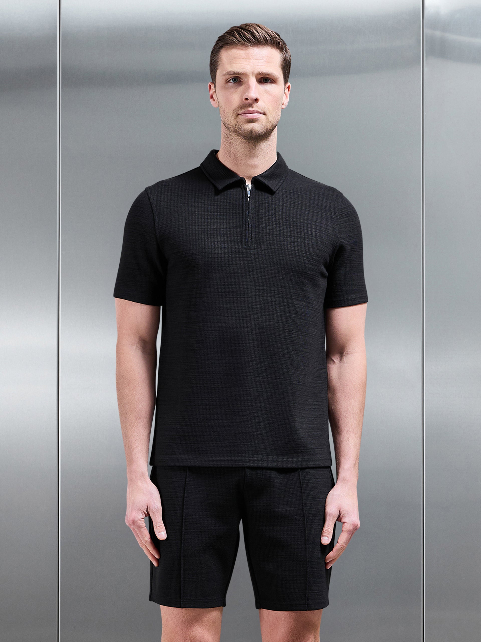 Cavour Textured Zip Polo Shirt in Black