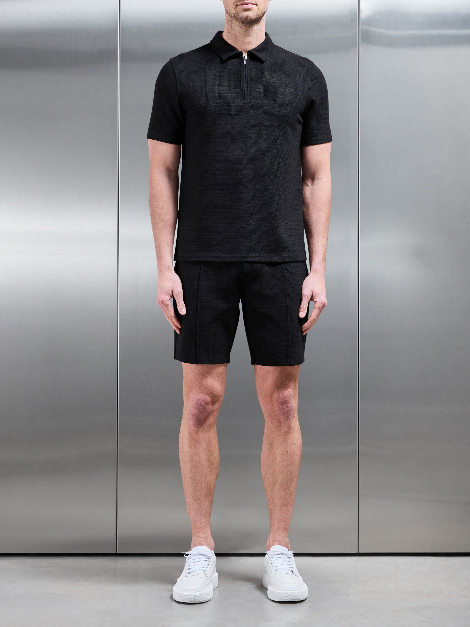 Cavour Textured Zip Polo Shirt in Black