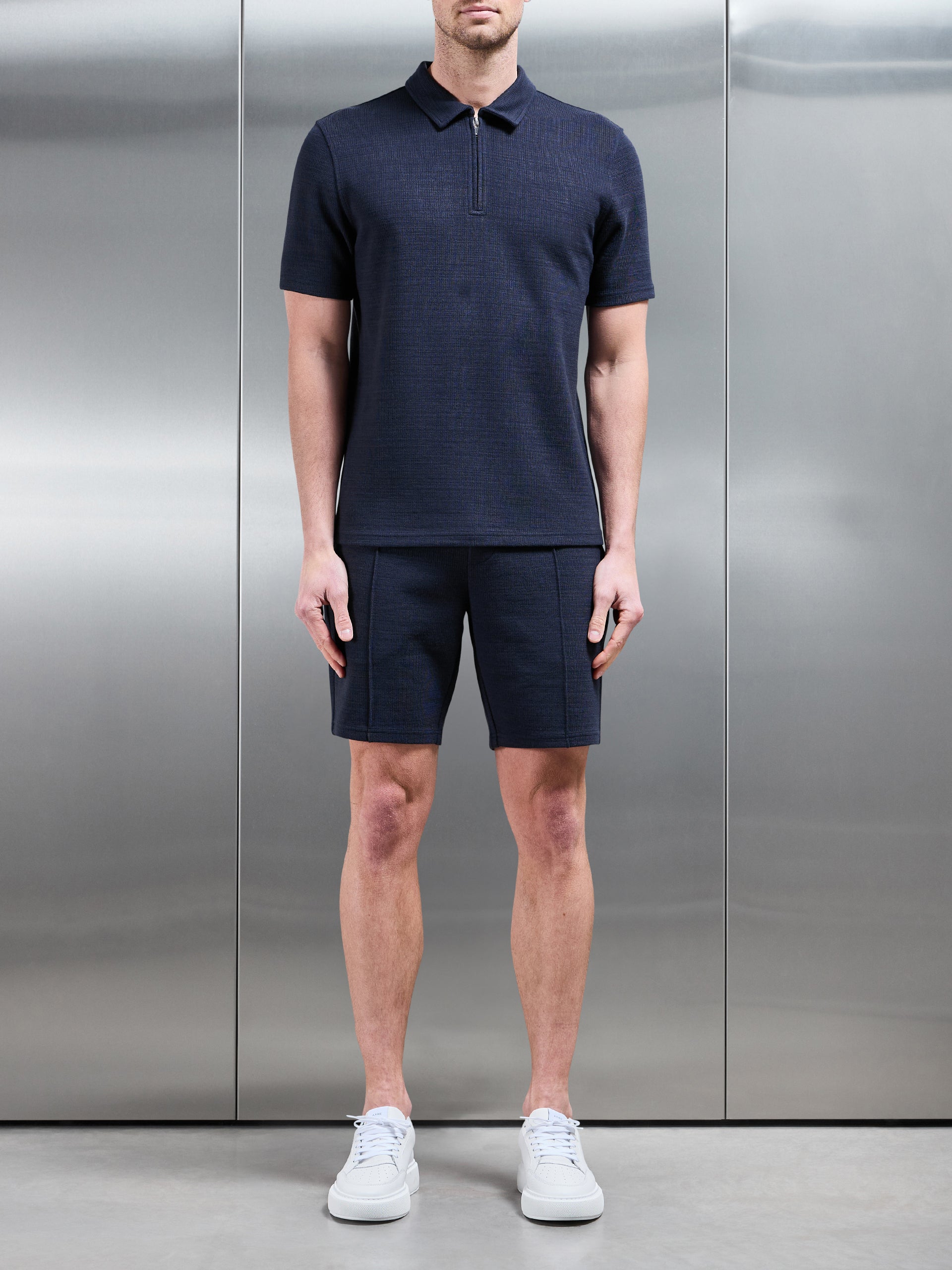 Cavour Textured Zip Polo Shirt in Navy