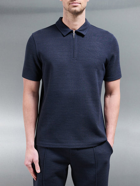 Cavour Textured Zip Polo Shirt in Navy