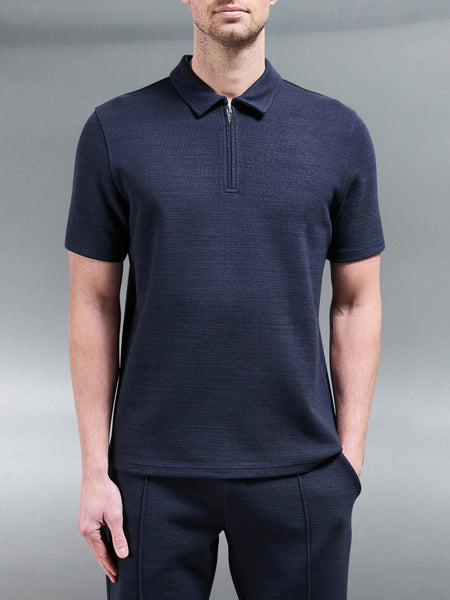 Cavour Textured Zip Polo Shirt in Navy