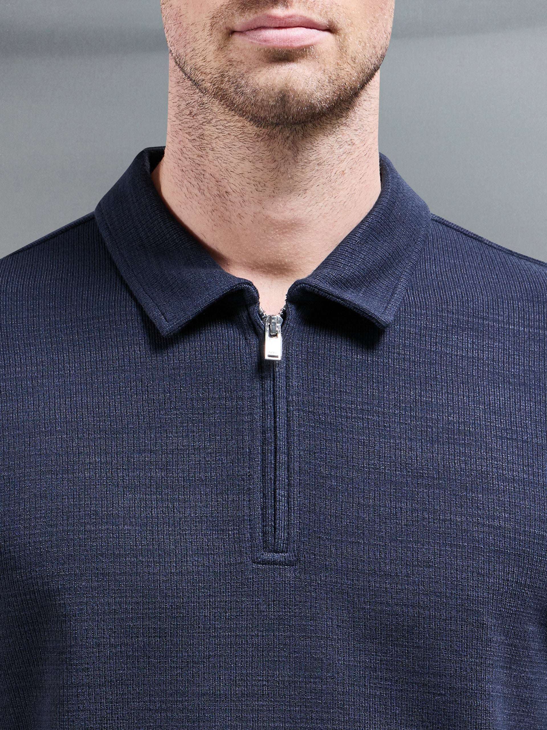 Cavour Textured Zip Polo Shirt in Navy