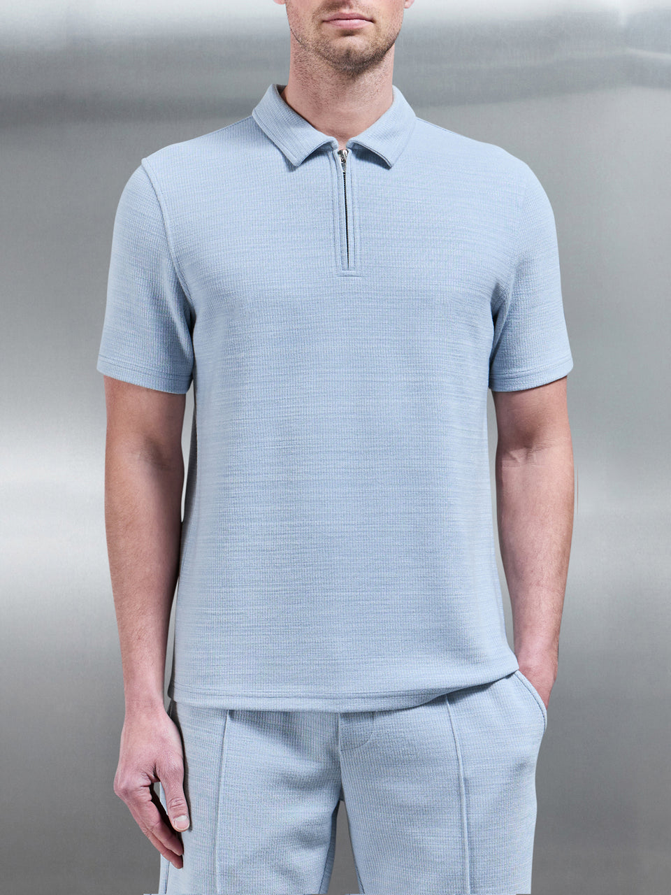 Cavour Textured Zip Polo Shirt in Soft Blue