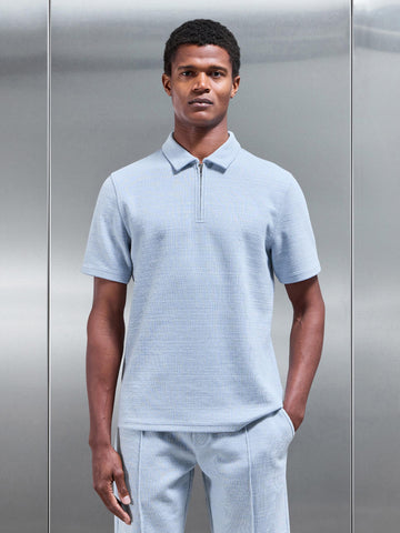 Cavour Textured Zip Polo Shirt in Soft Blue
