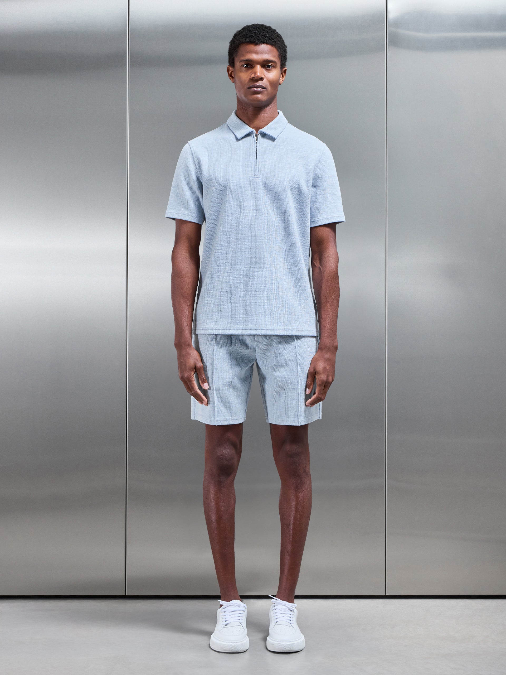 Cavour Textured Zip Polo Shirt in Soft Blue