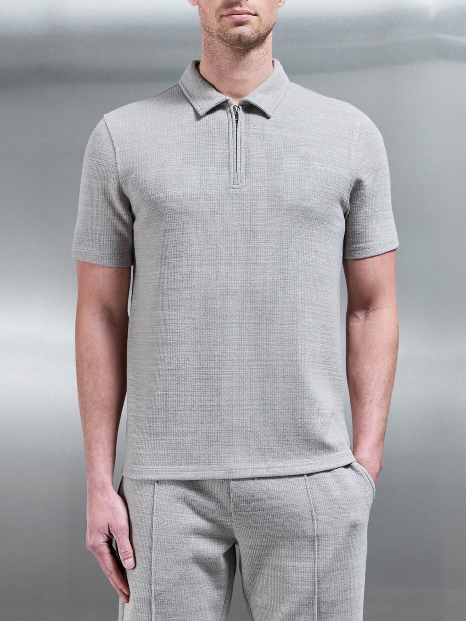 Cavour Textured Zip Polo Shirt in Stone