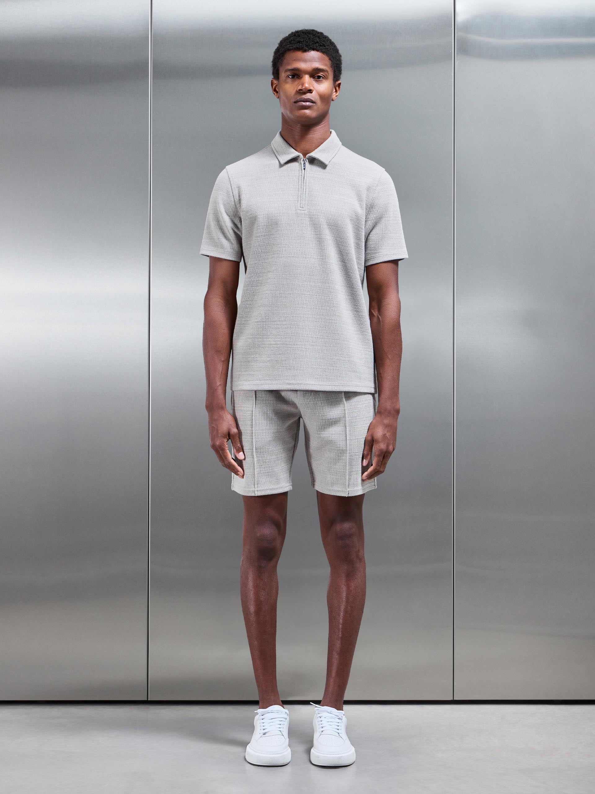 Cavour Textured Zip Polo Shirt in Stone