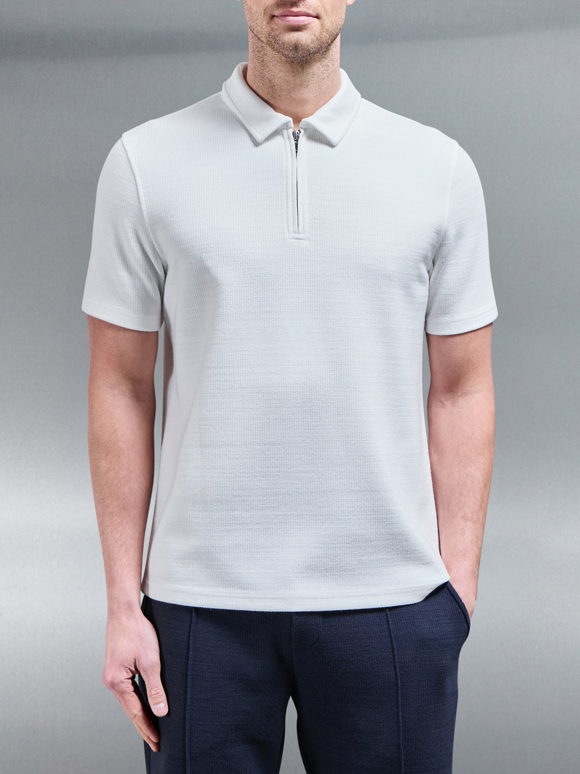 Cavour Textured Zip Polo Shirt in White