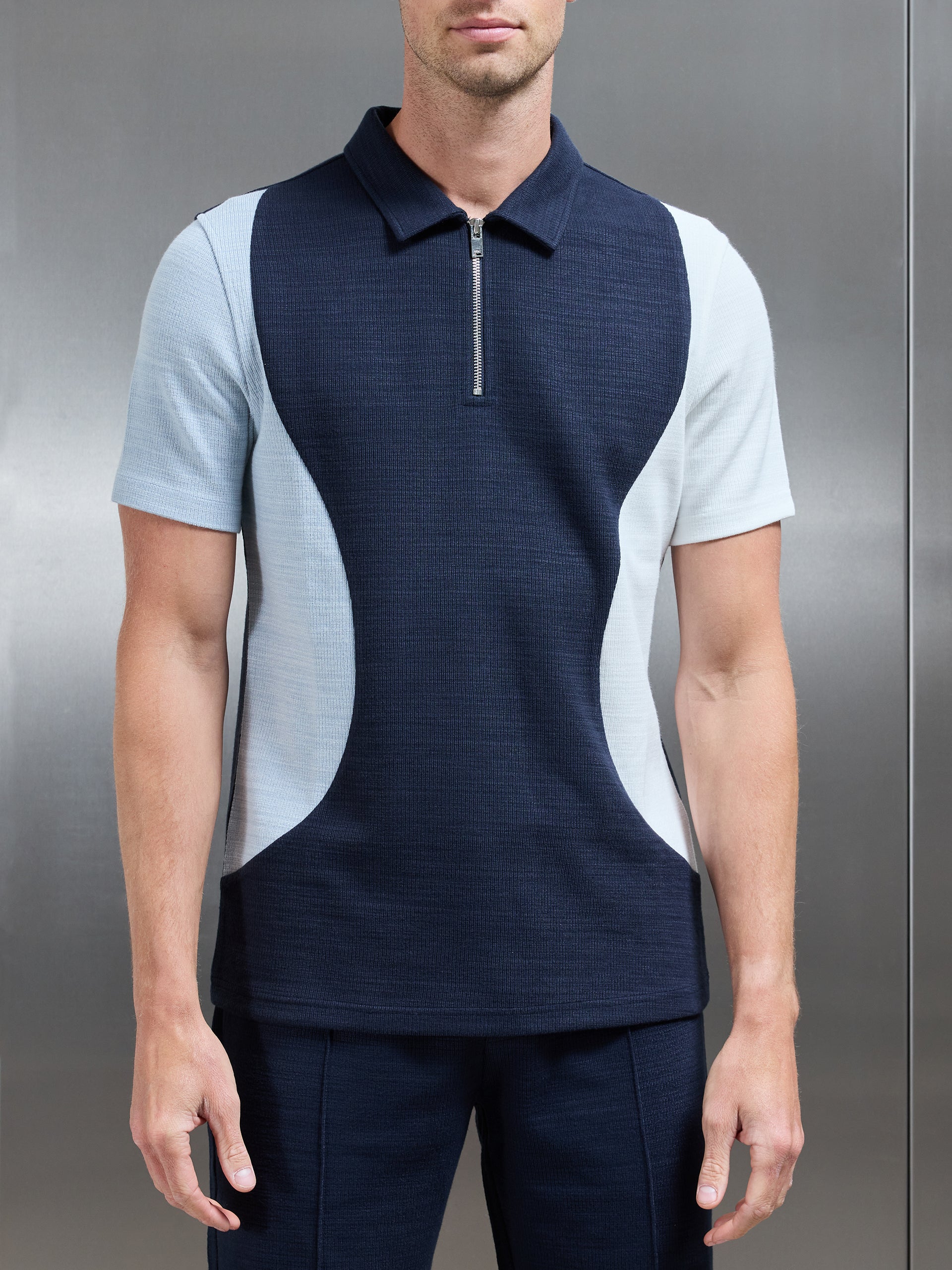 Cavour Colour Block Zip Polo Shirt in Navy