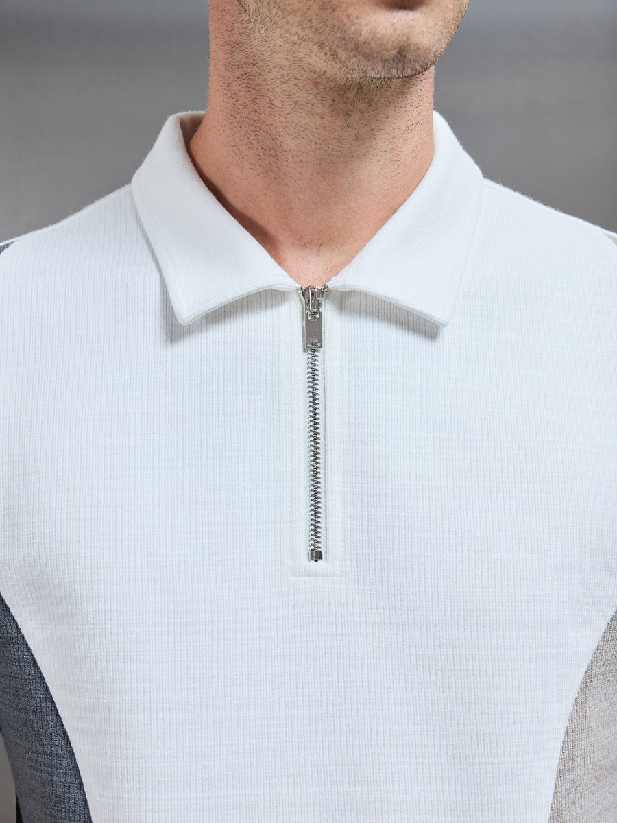 Cavour Colour Block Zip Polo Shirt in White