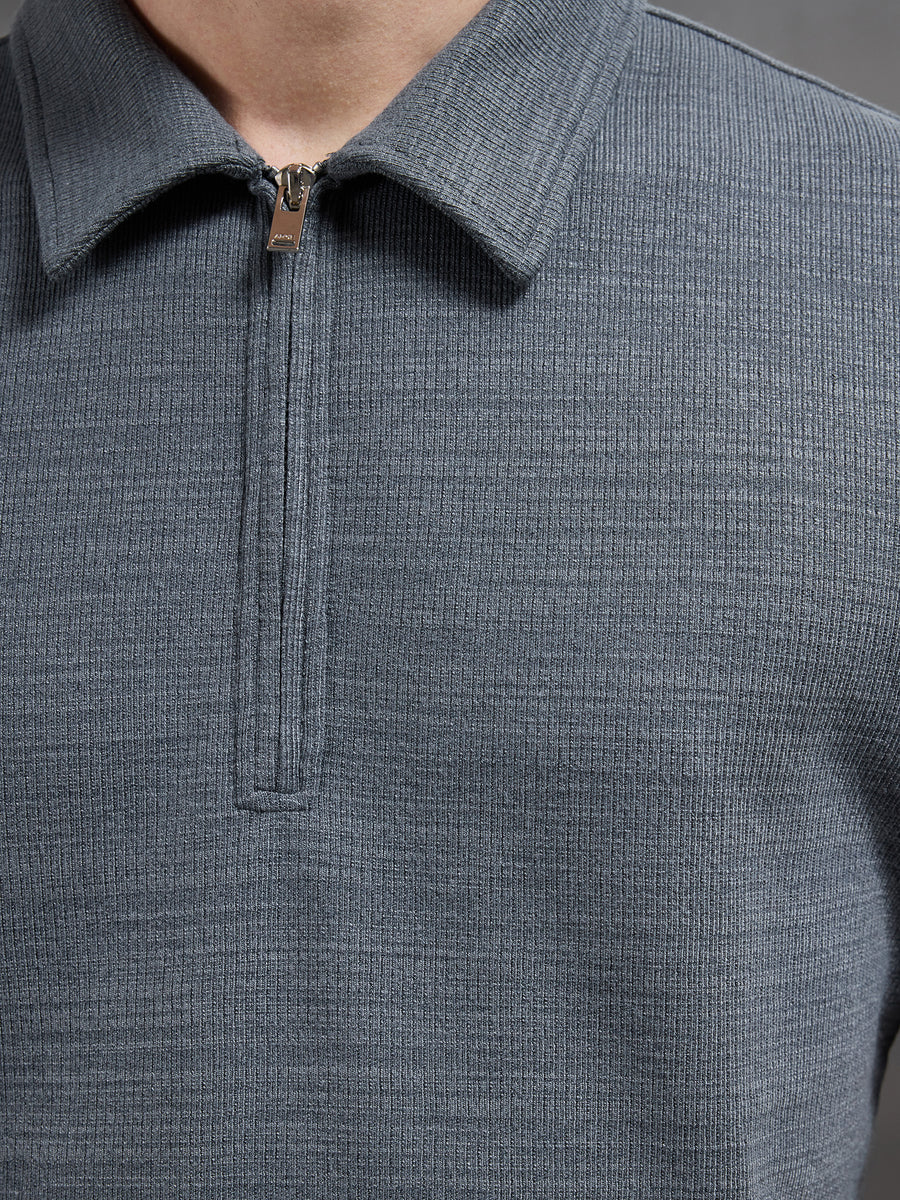 Cavour Textured Zip Polo Shirt in Grey