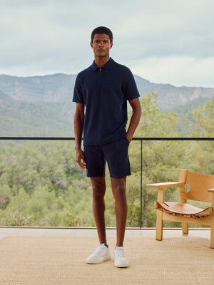 Cavour Textured Zip Polo Shirt in Navy