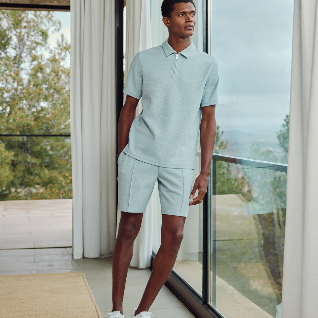Cavour Textured Zip Polo Shirt in Soft Blue