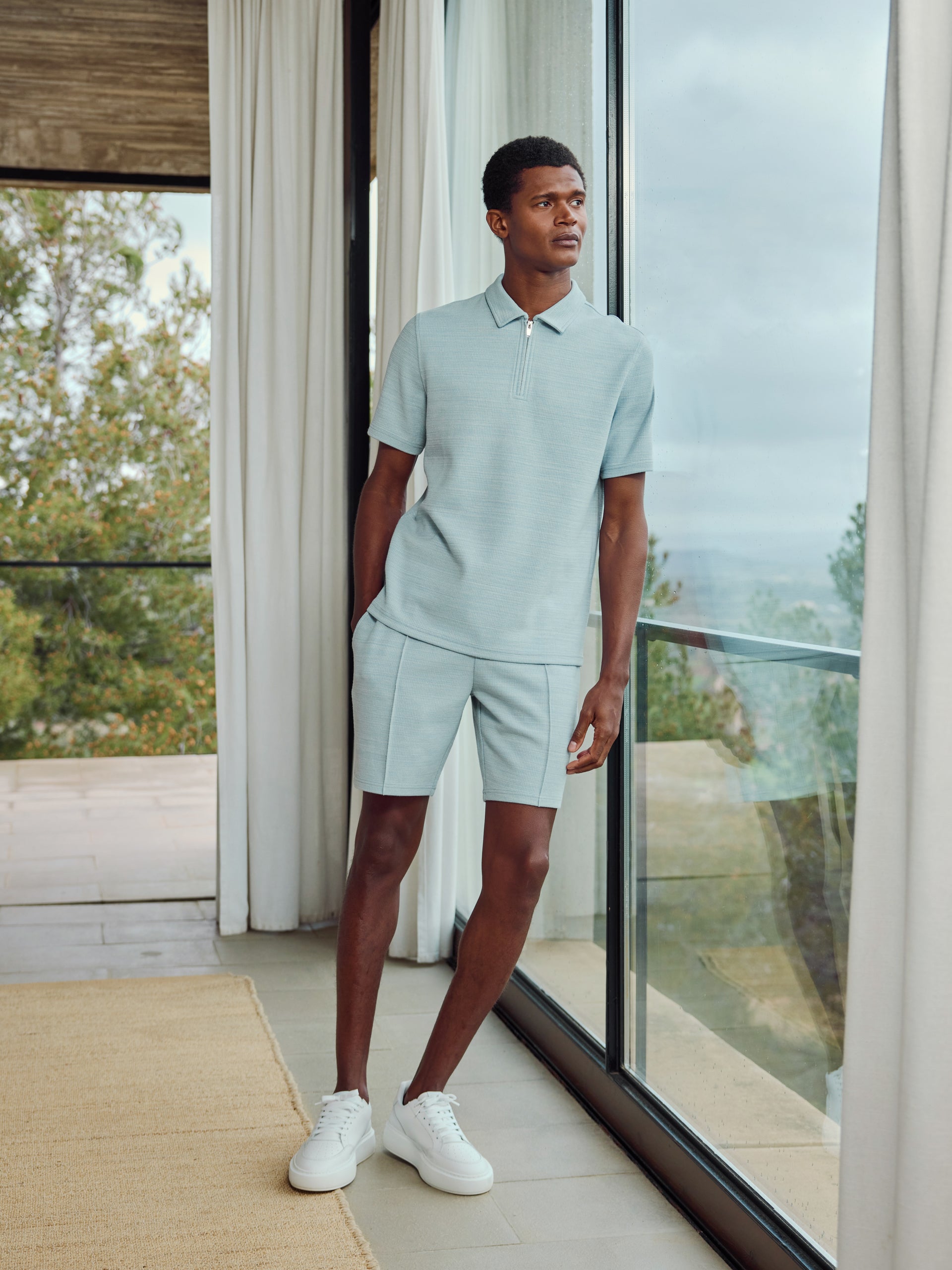 Cavour Textured Zip Polo Shirt in Soft Blue