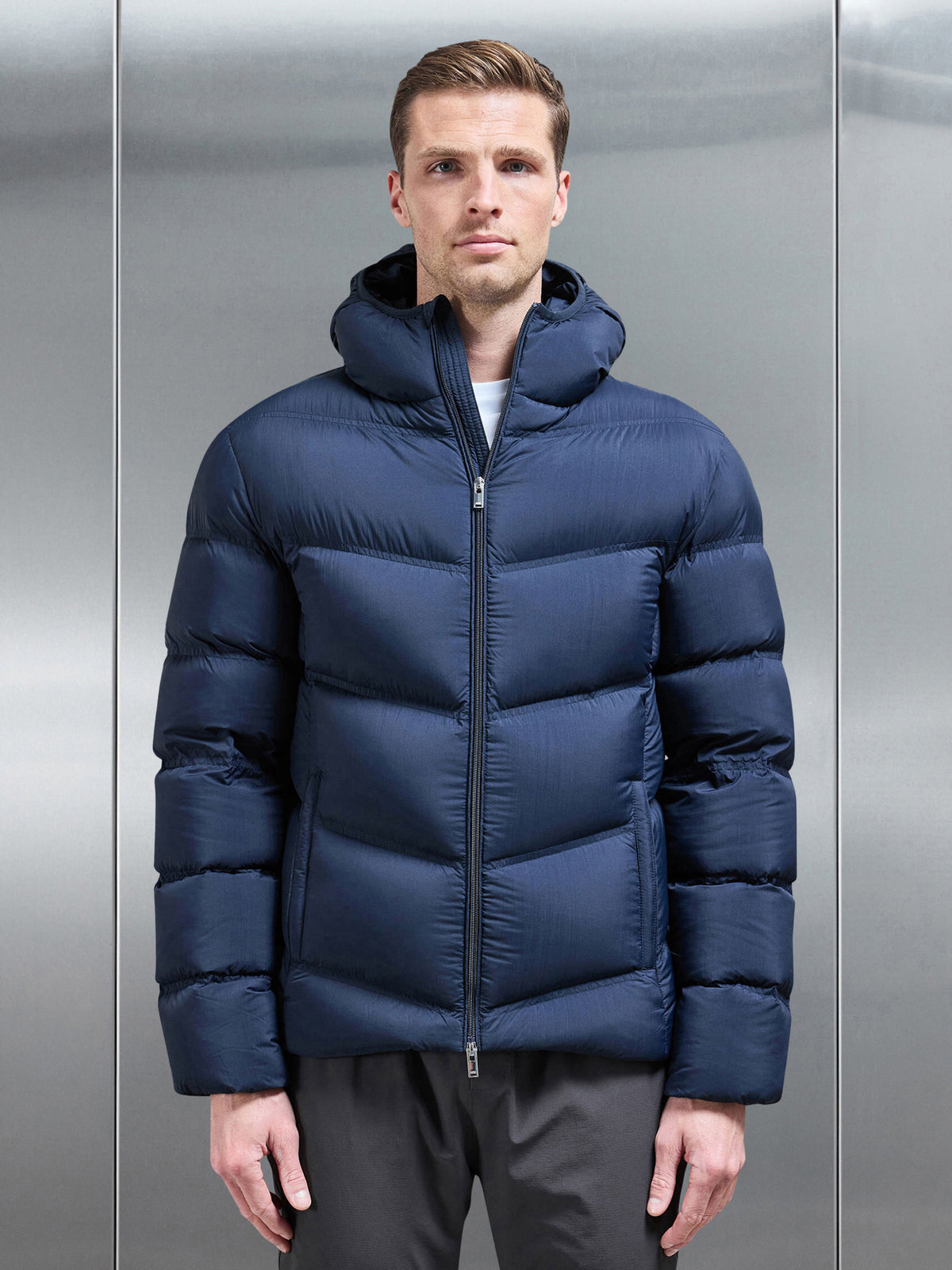 Chevron Down Puffer Jacket in Navy | ARNE UK