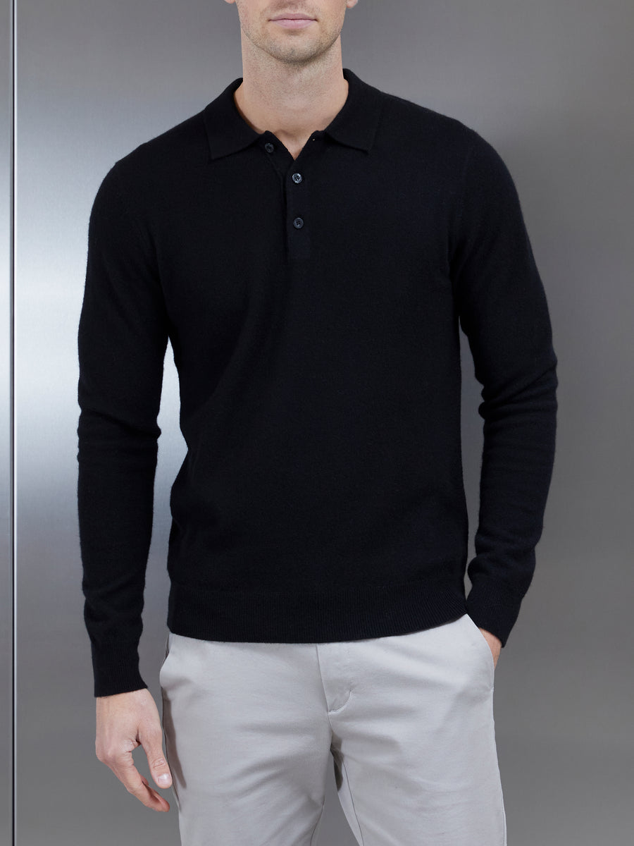 Wool Knitted Polo Shirt in Black