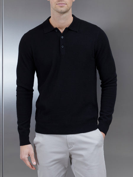 Chunky Knitted Polo Shirt in Black