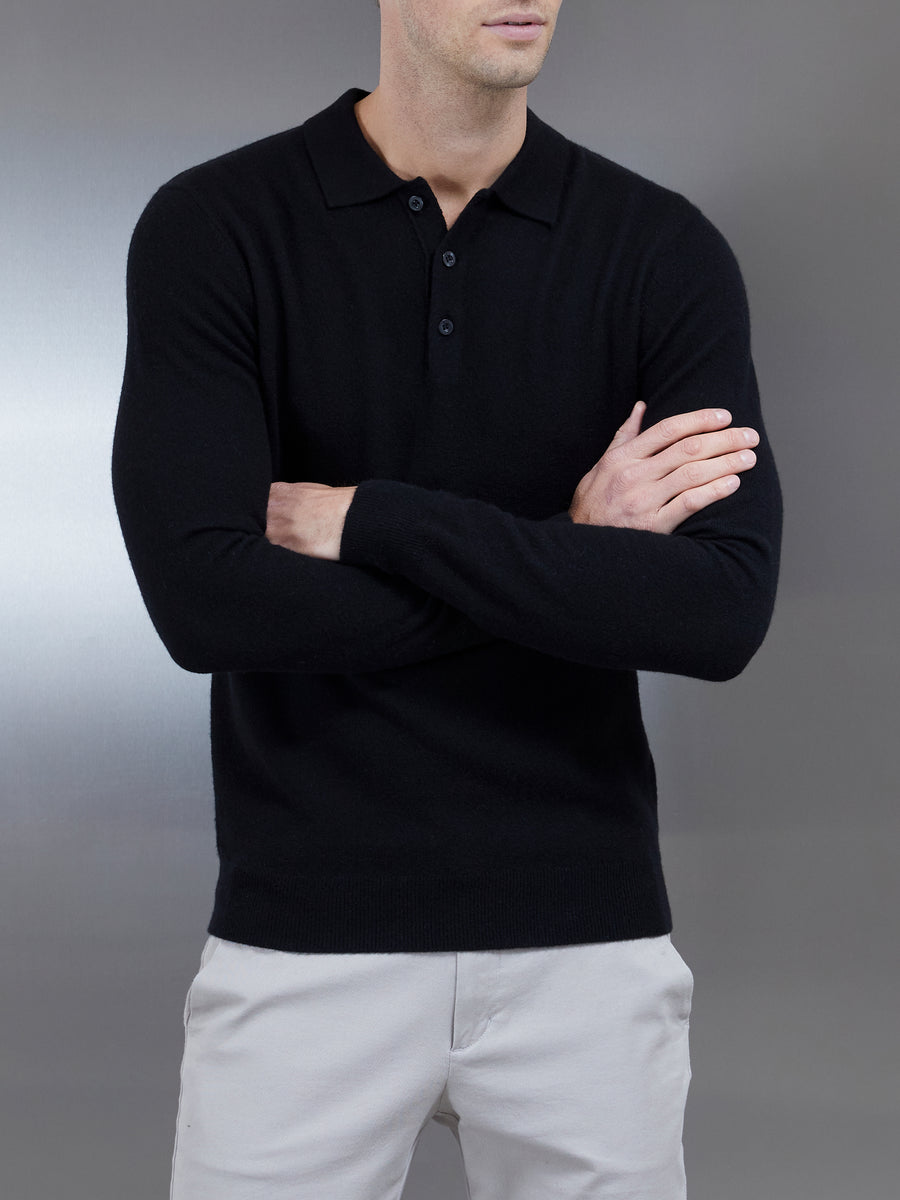 Wool Knitted Polo Shirt in Black