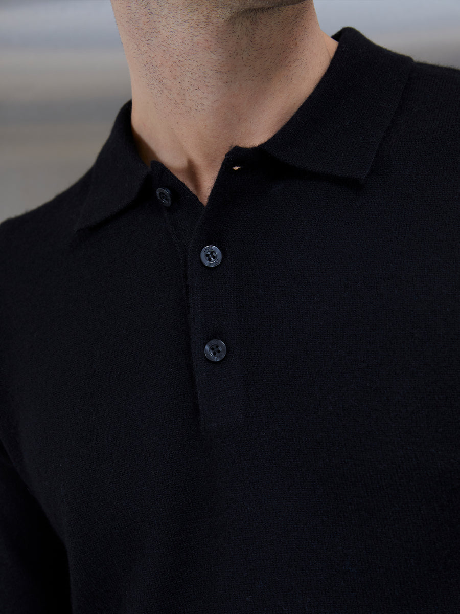 Wool Knitted Polo Shirt in Black