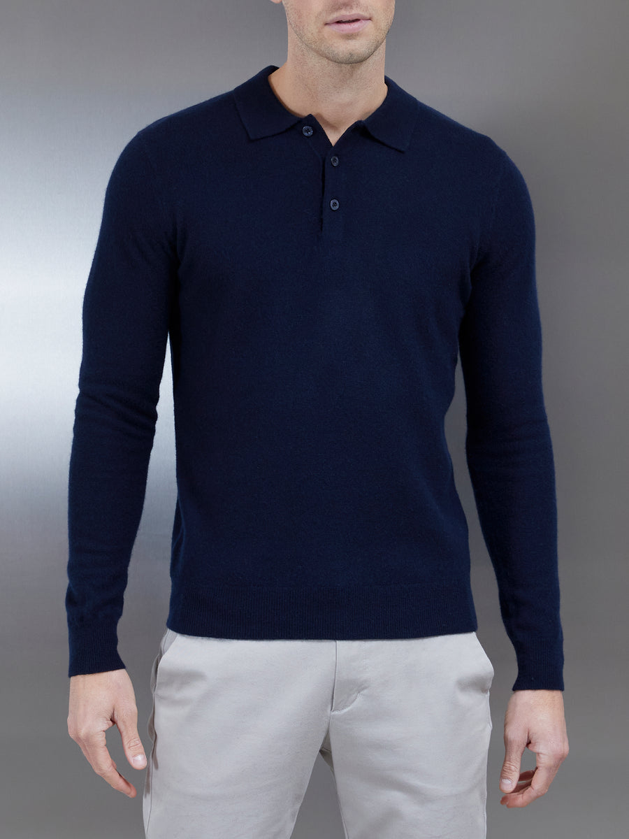 Chunky Knitted Polo Shirt in Navy