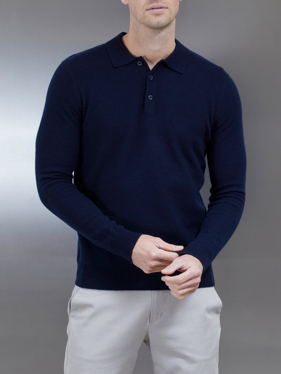 Wool Knitted Polo Shirt in Navy