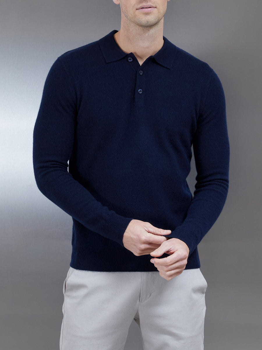 Chunky Knitted Polo Shirt in Navy
