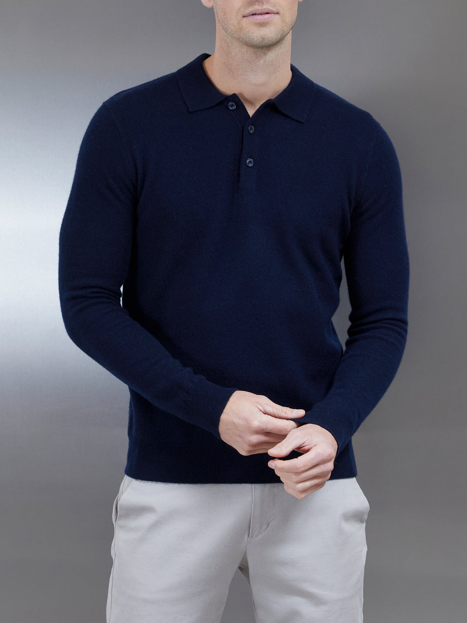 Chunky Knitted Polo Shirt in Navy