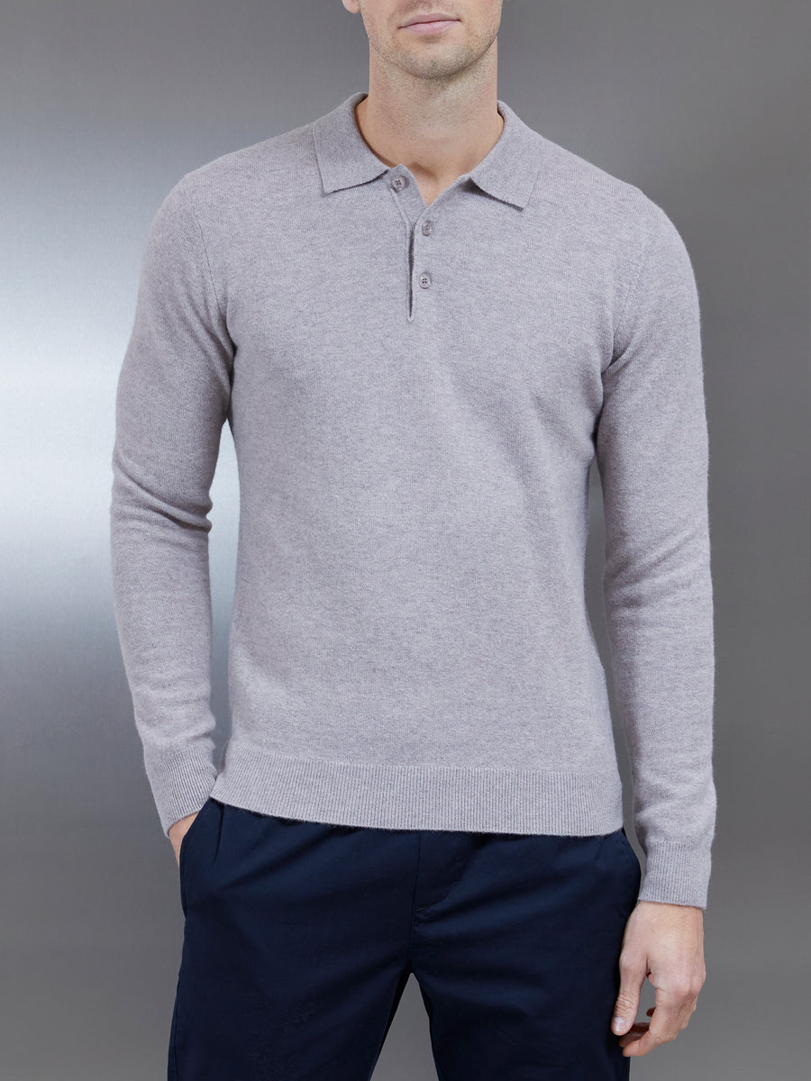 Wool Knitted Polo Shirt in Stone