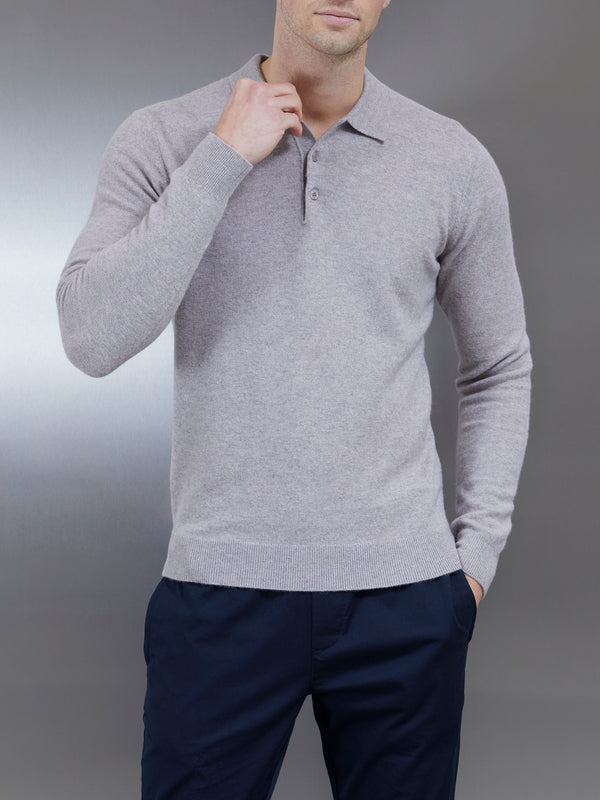 Wool Knitted Polo Shirt in Stone