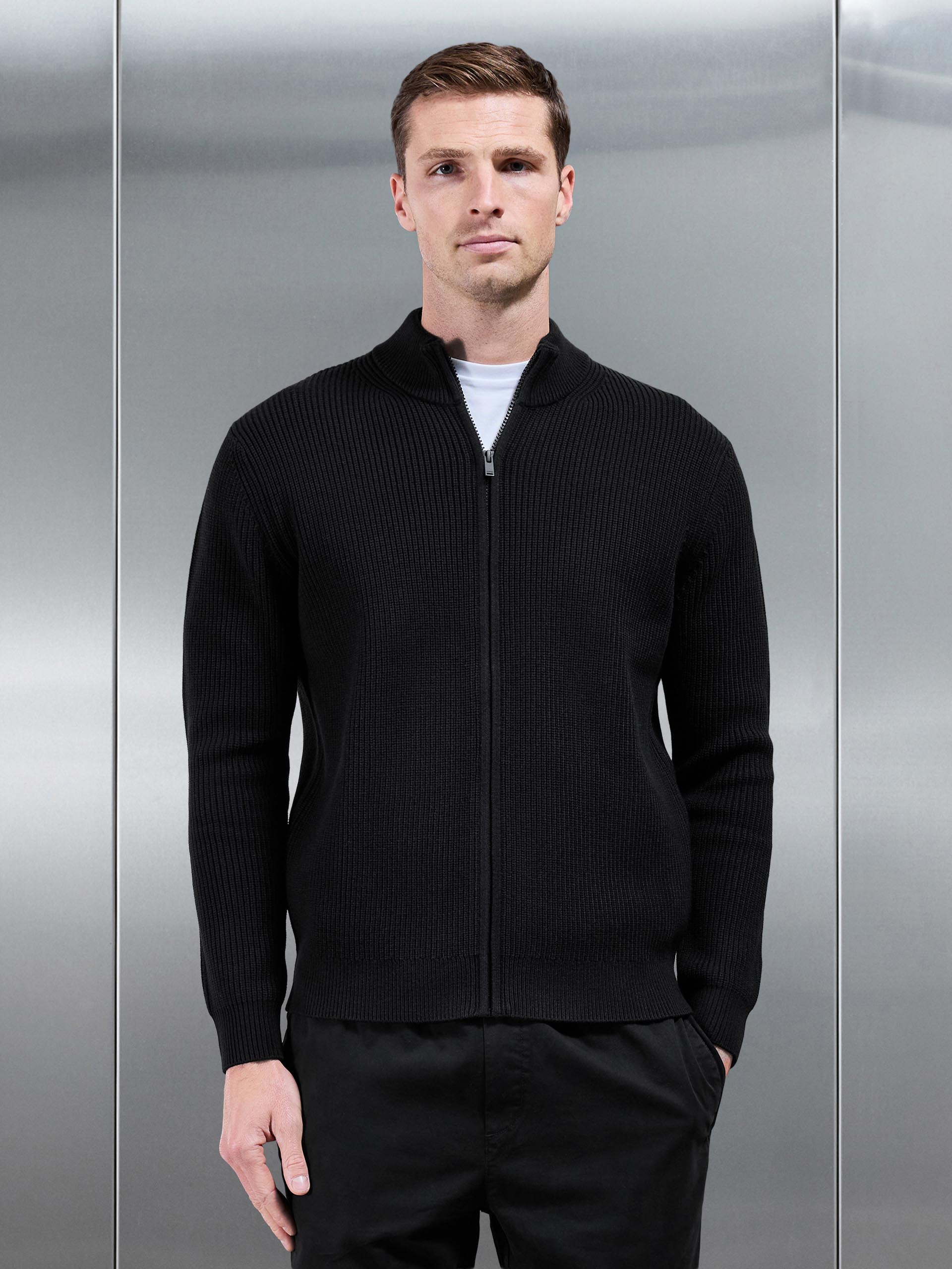 Chunky Ribbed Zip Through Jacket in Black