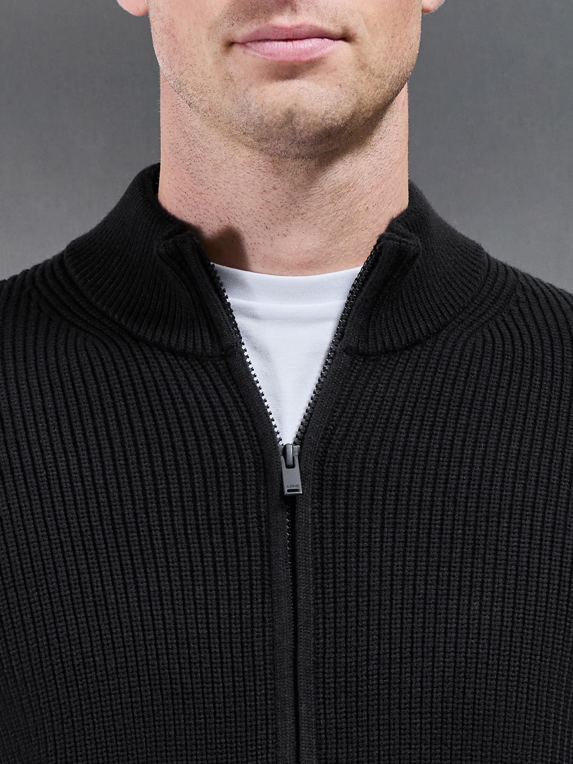 Chunky Ribbed Zip Through Jacket in Black