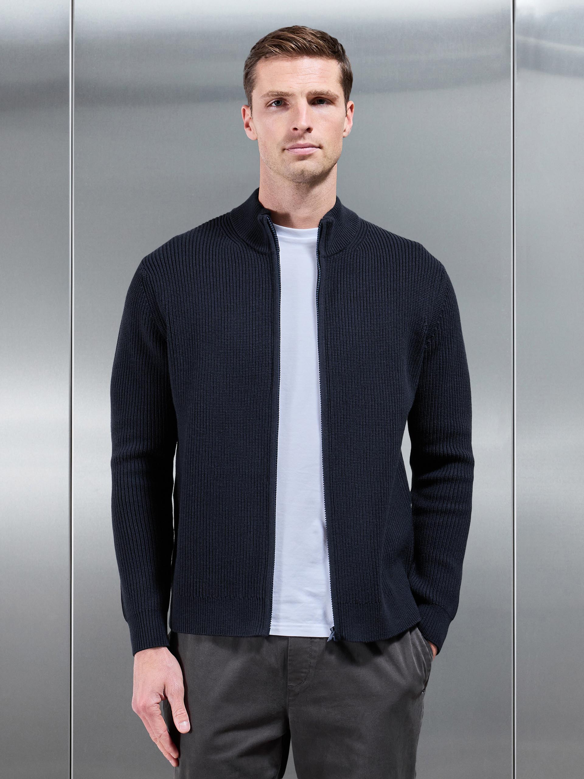 Chunky Ribbed Zip Through Jacket in Navy