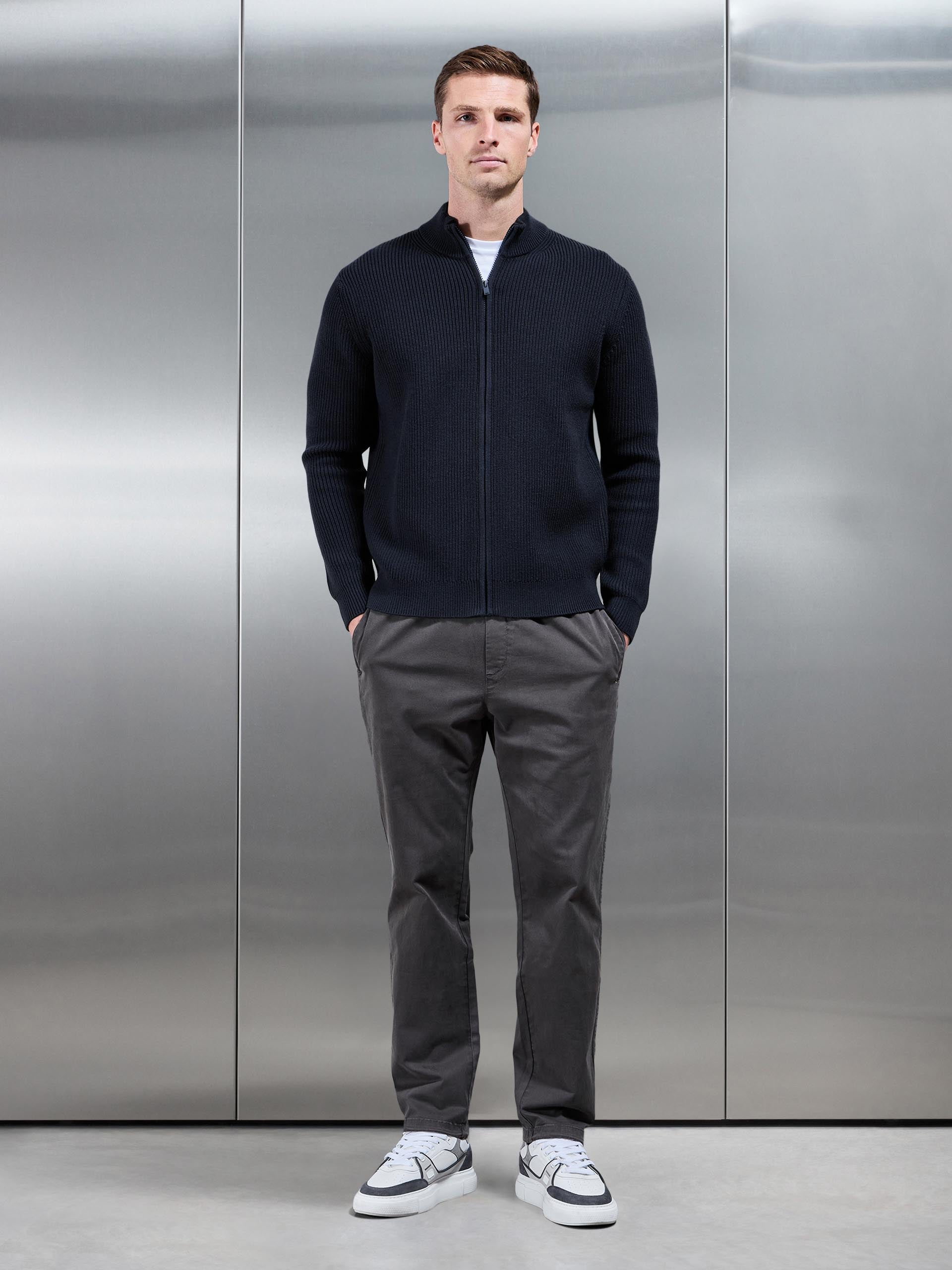 Chunky Ribbed Zip Through Jacket in Navy