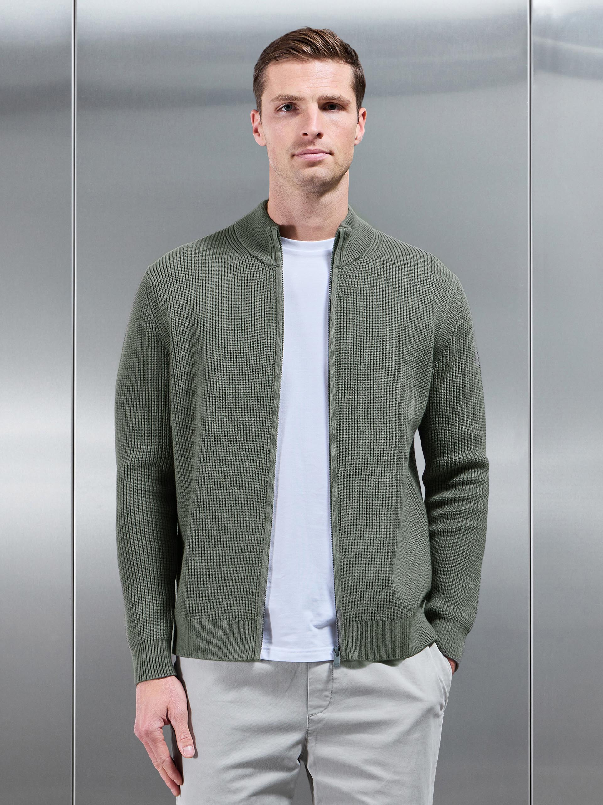 Chunky Ribbed Zip Through Jacket in Sage