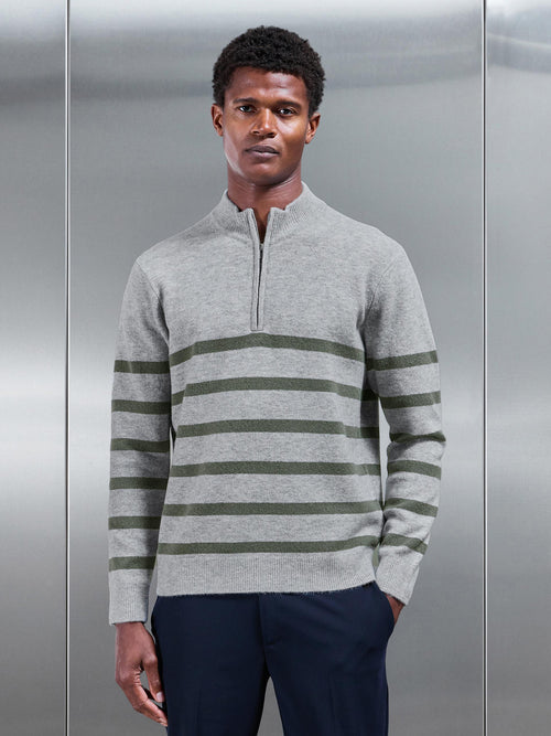 Chunky Wool Stripe Half Zip in Marl Grey