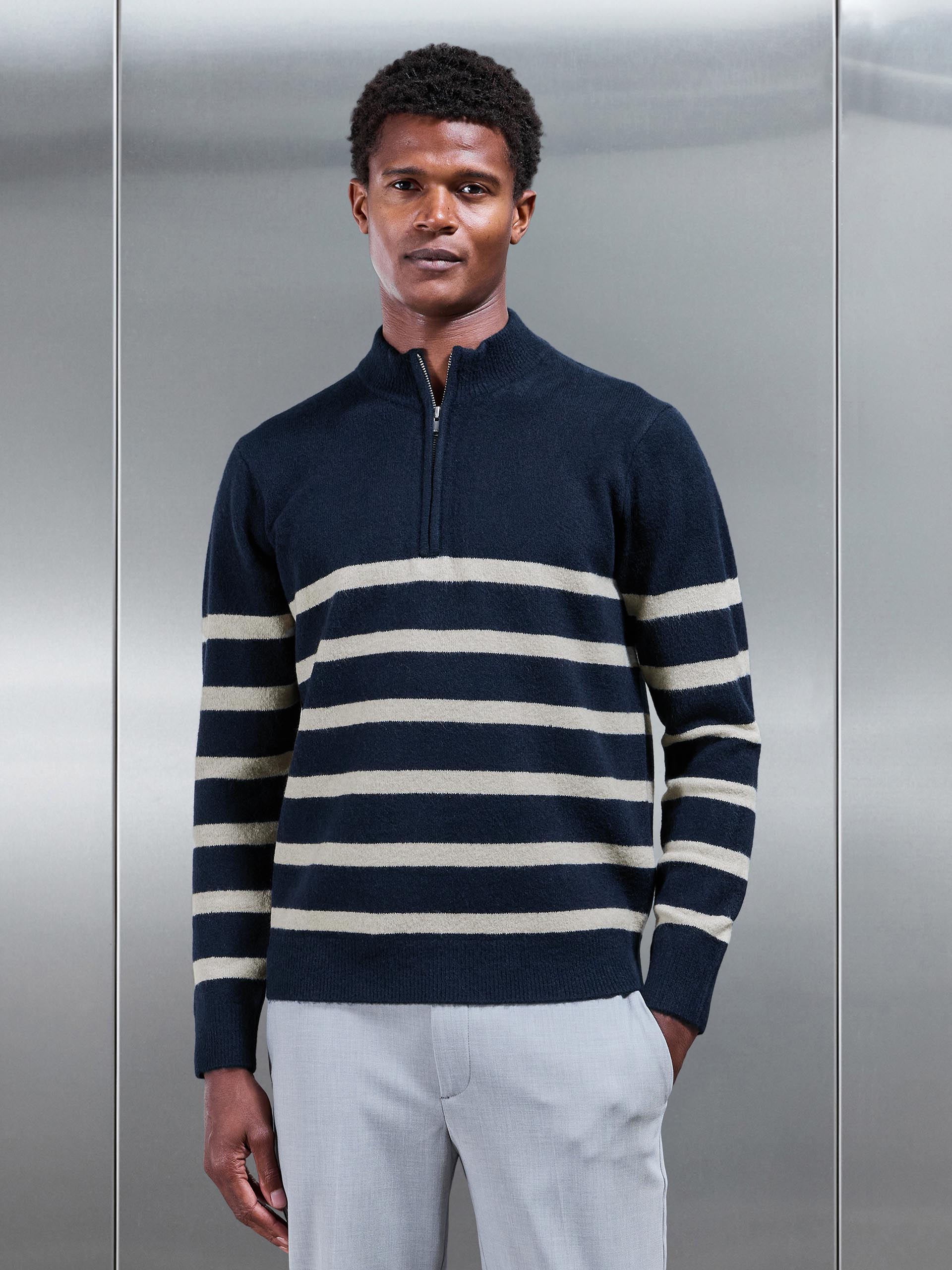 Chunky Wool Stripe Half Zip in Navy | ARNE UK