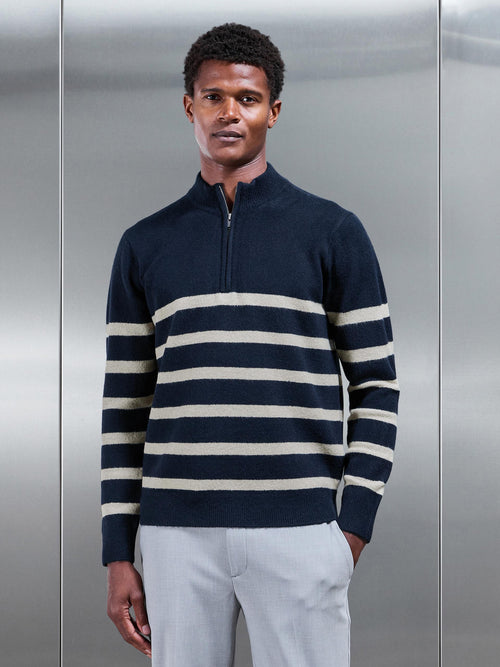 Chunky Wool Stripe Half Zip in Navy