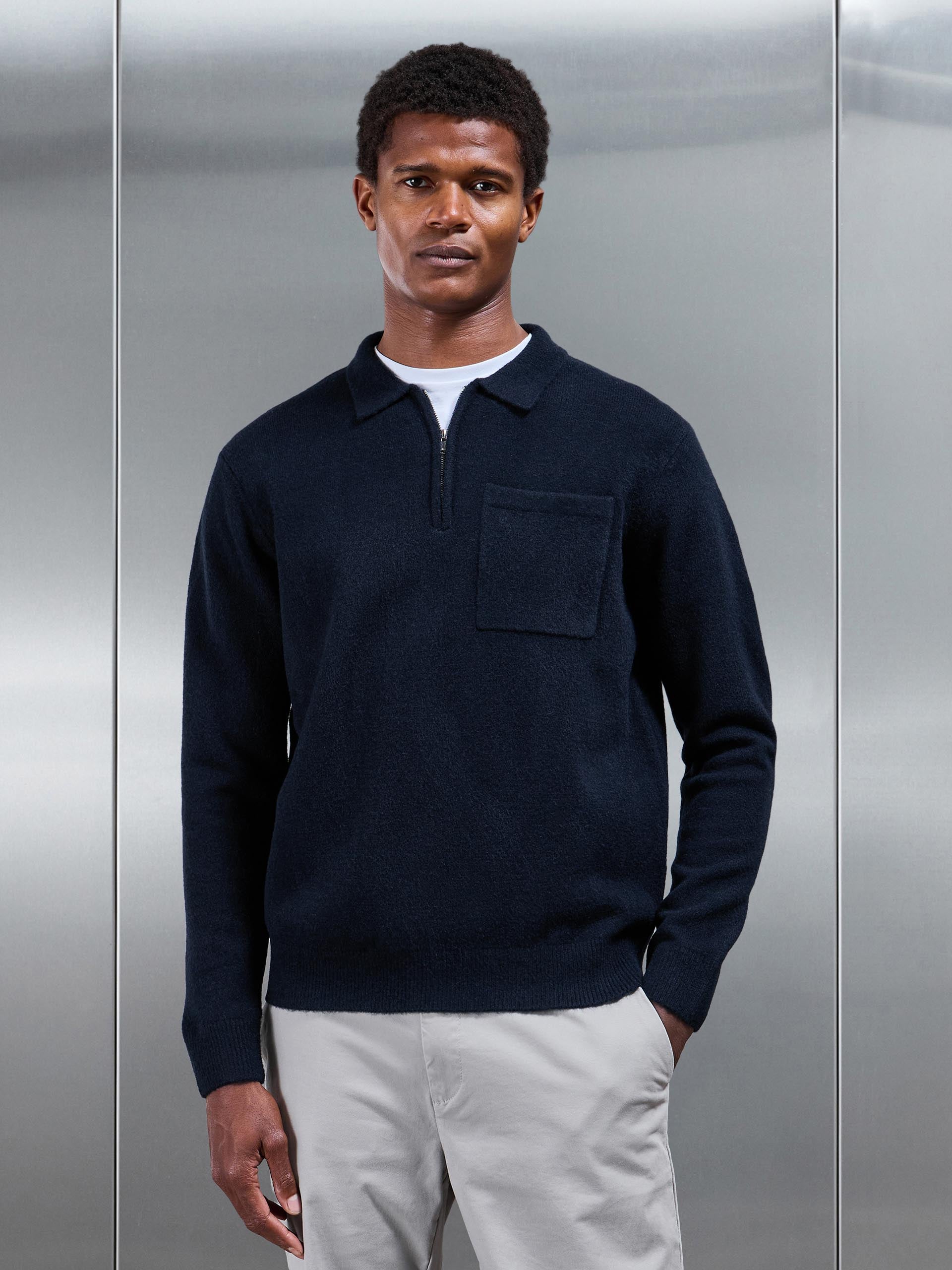 Chunky Wool Zip Polo Shirt in Navy | ARNE UK