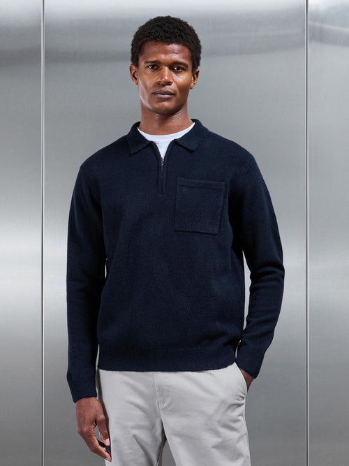 Chunky Wool Zip Polo Shirt in Navy