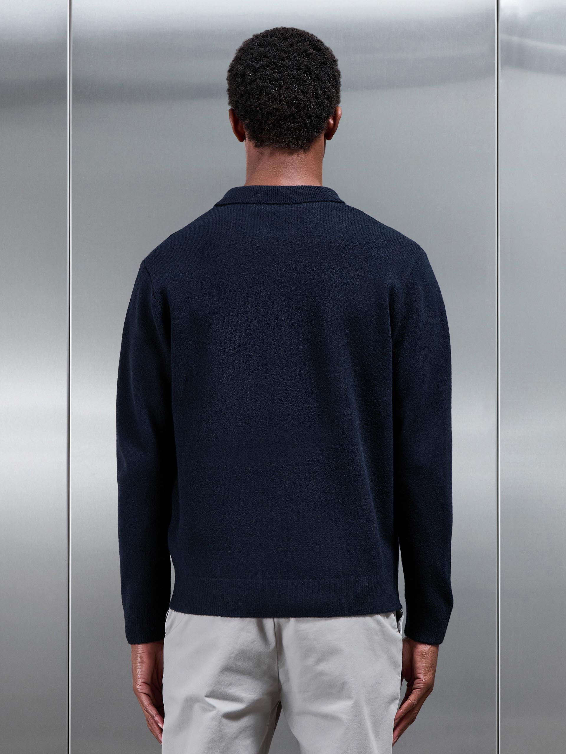 Chunky Wool Zip Polo Shirt in Navy