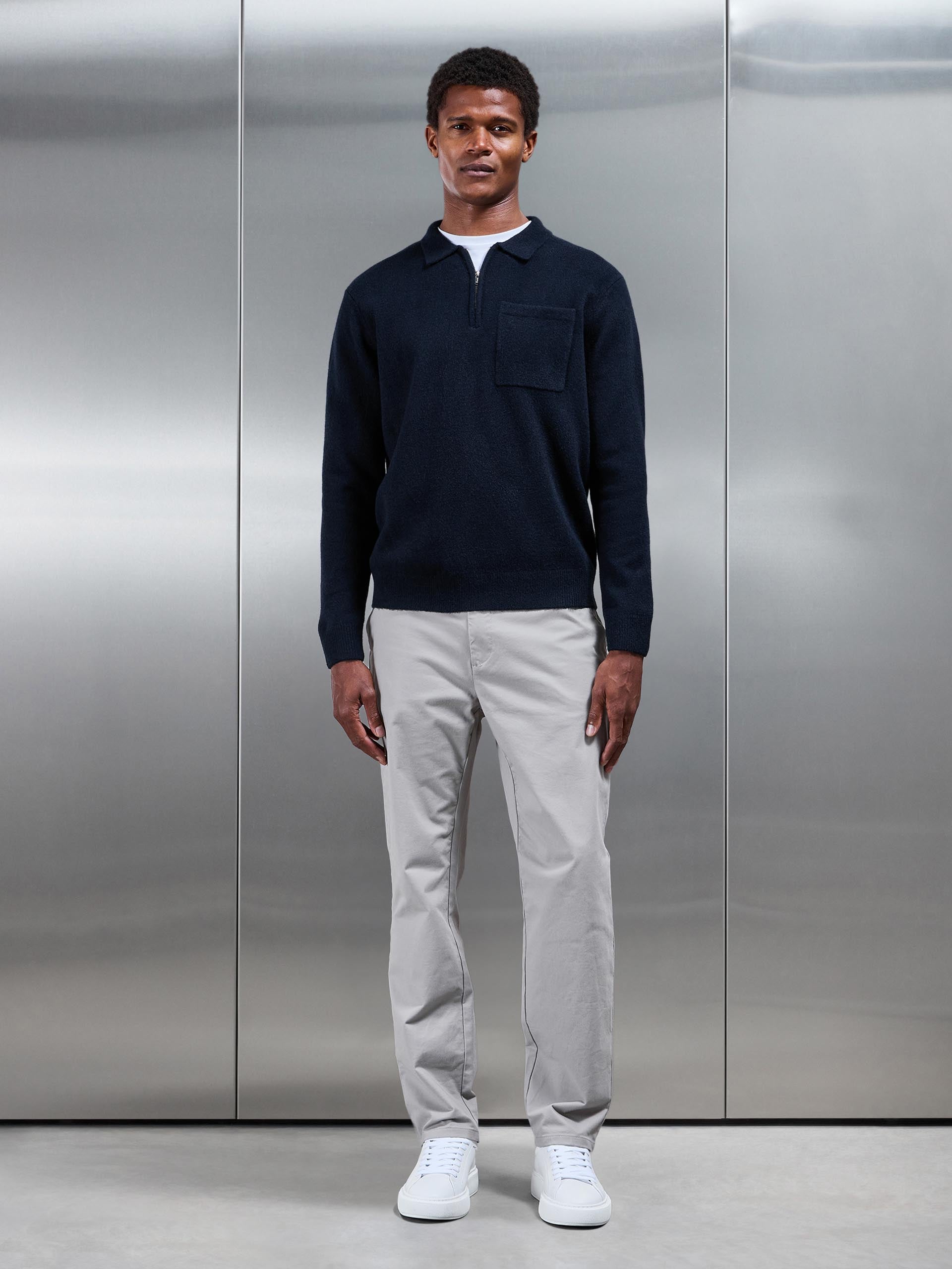 Chunky Wool Zip Polo Shirt in Navy