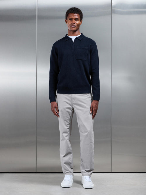 Chunky Wool Zip Polo Shirt in Navy