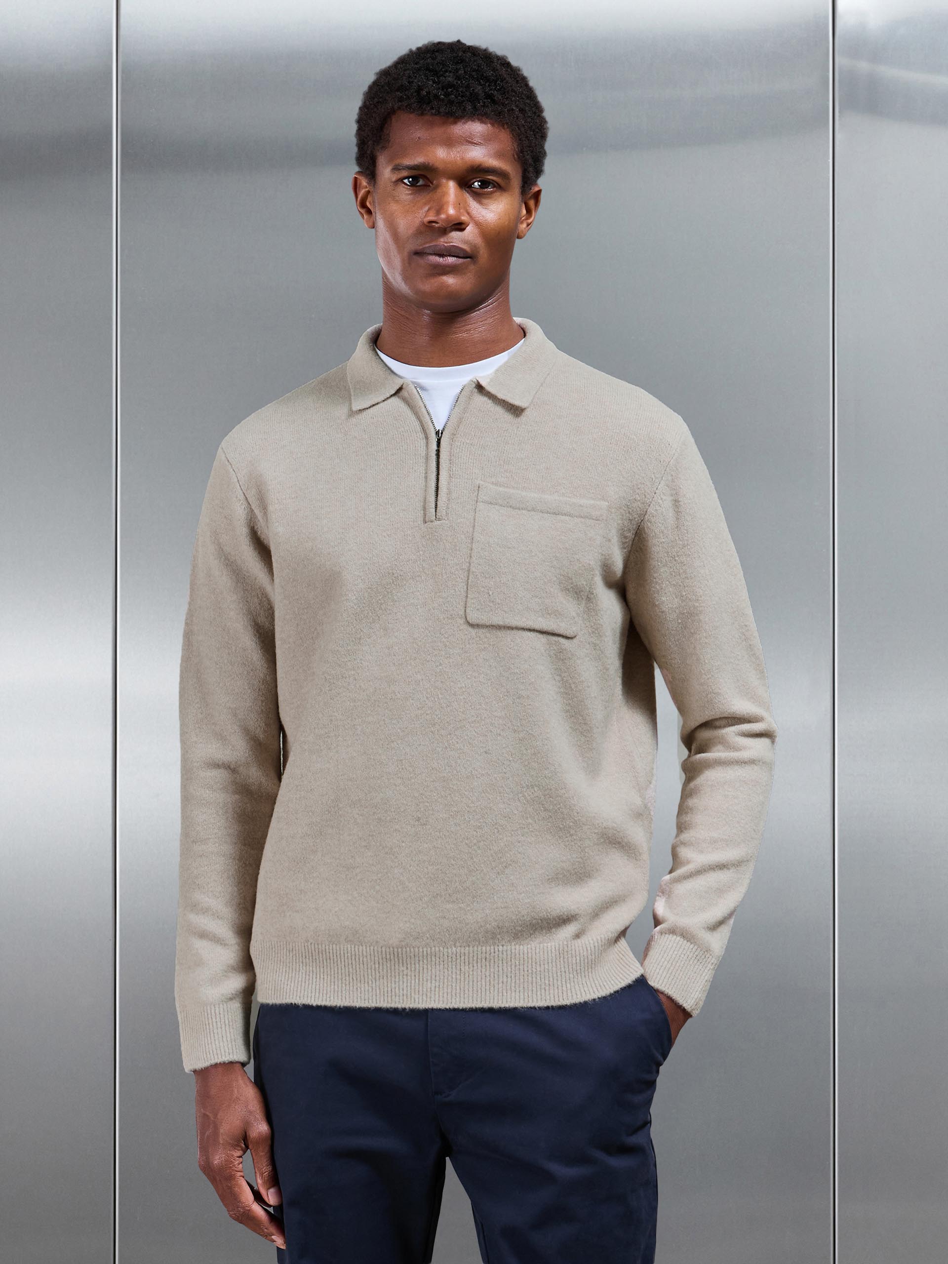 Chunky Wool Zip Polo Shirt in Stone