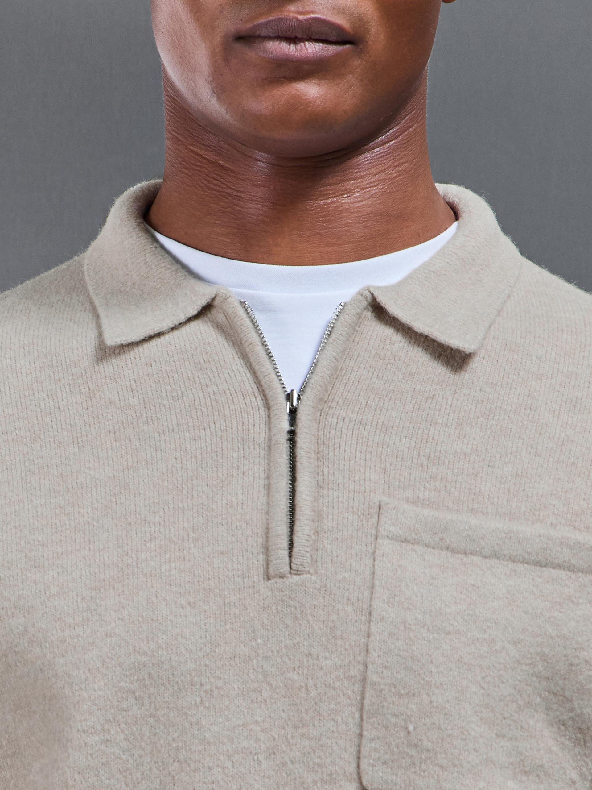 Chunky Wool Zip Polo Shirt in Stone