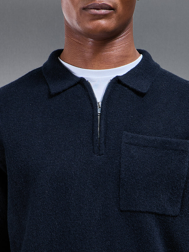 Chunky Wool Zip Polo Shirt in Navy