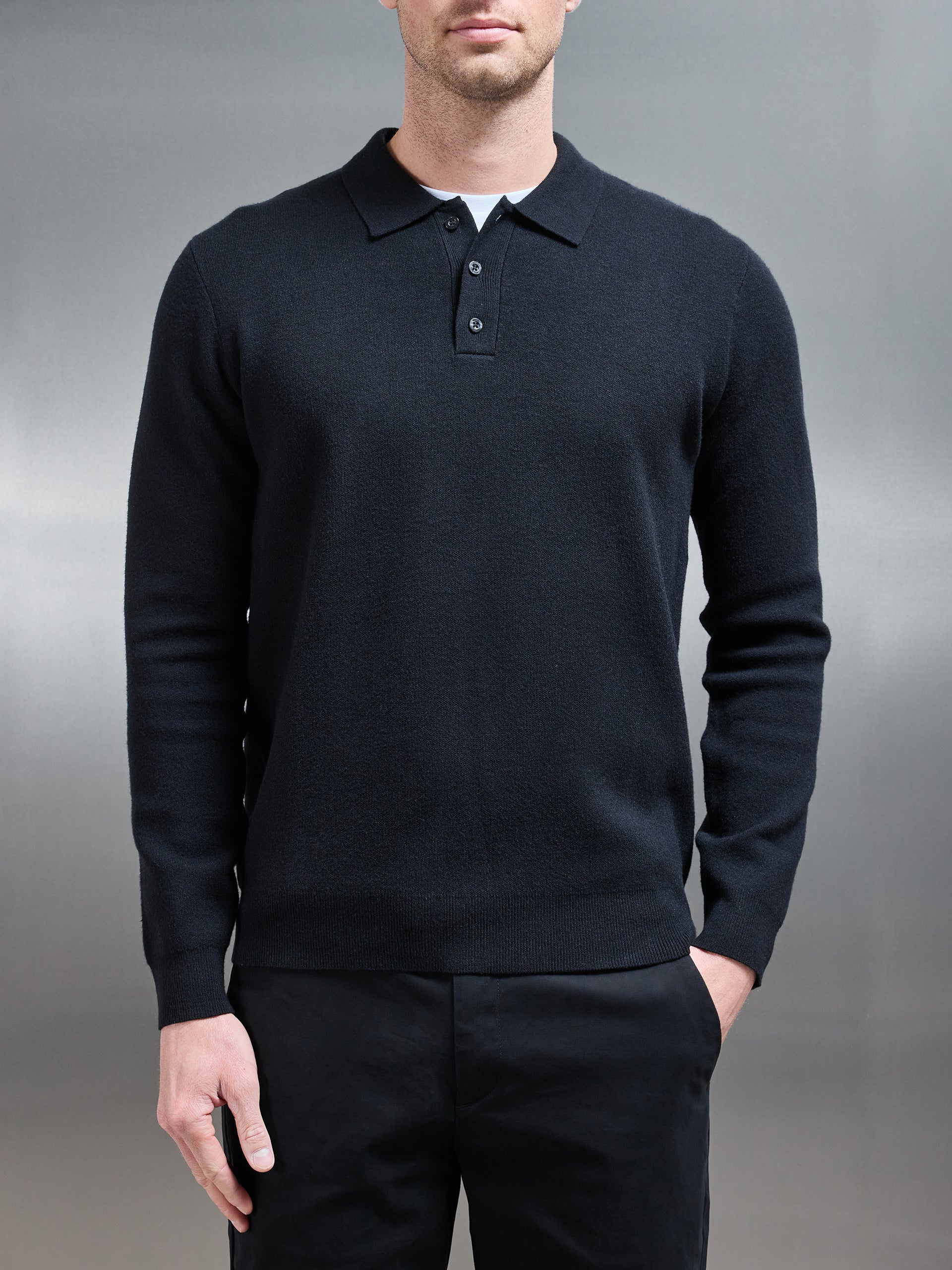 Chunky Knitted Polo Shirt in Black